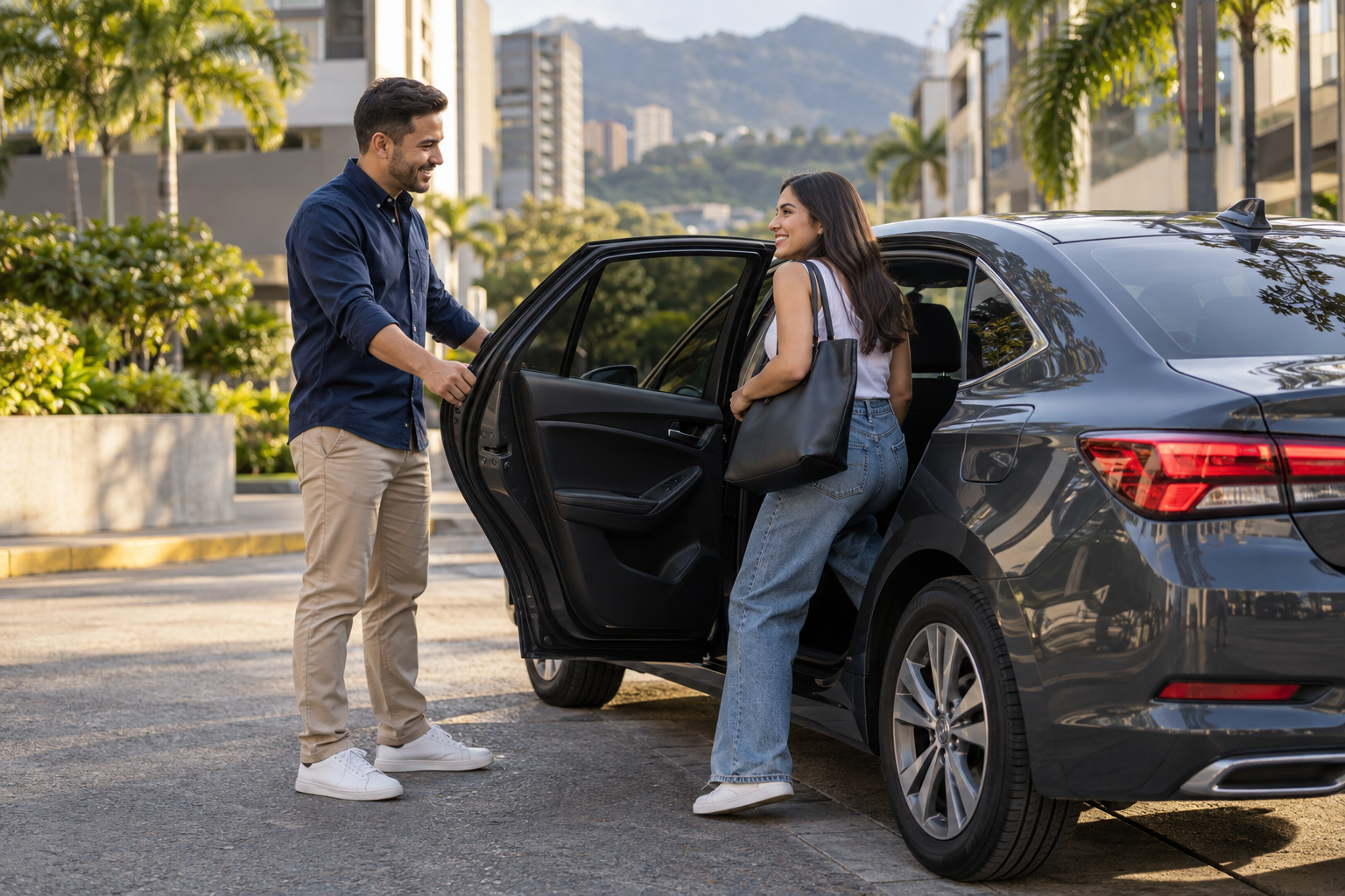 Conductor dando la bienvenida a una pasajera junto a un automóvil