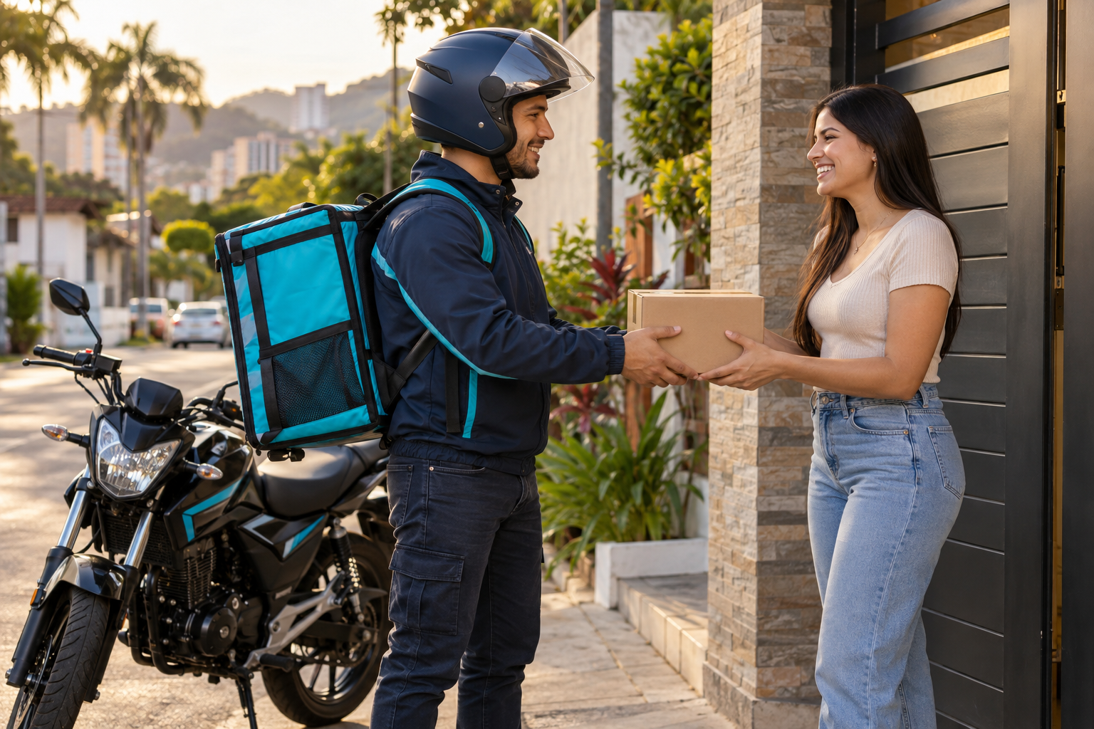 Repartidor en motocicleta entregando un paquete a una clienta