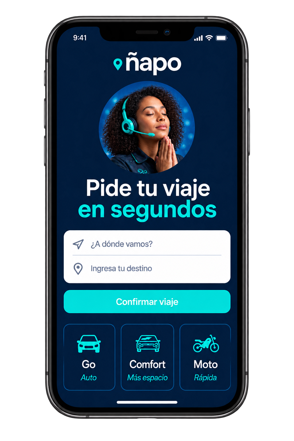 Pantalla de Ñapo para ingresar un destino y solicitar un viaje en Venezuela